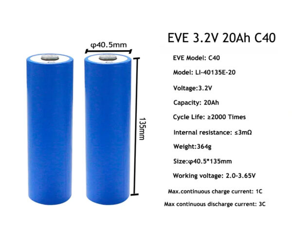 1 EVE C40 40135 20Ah LifePo4 Cylindrical Battery Cell